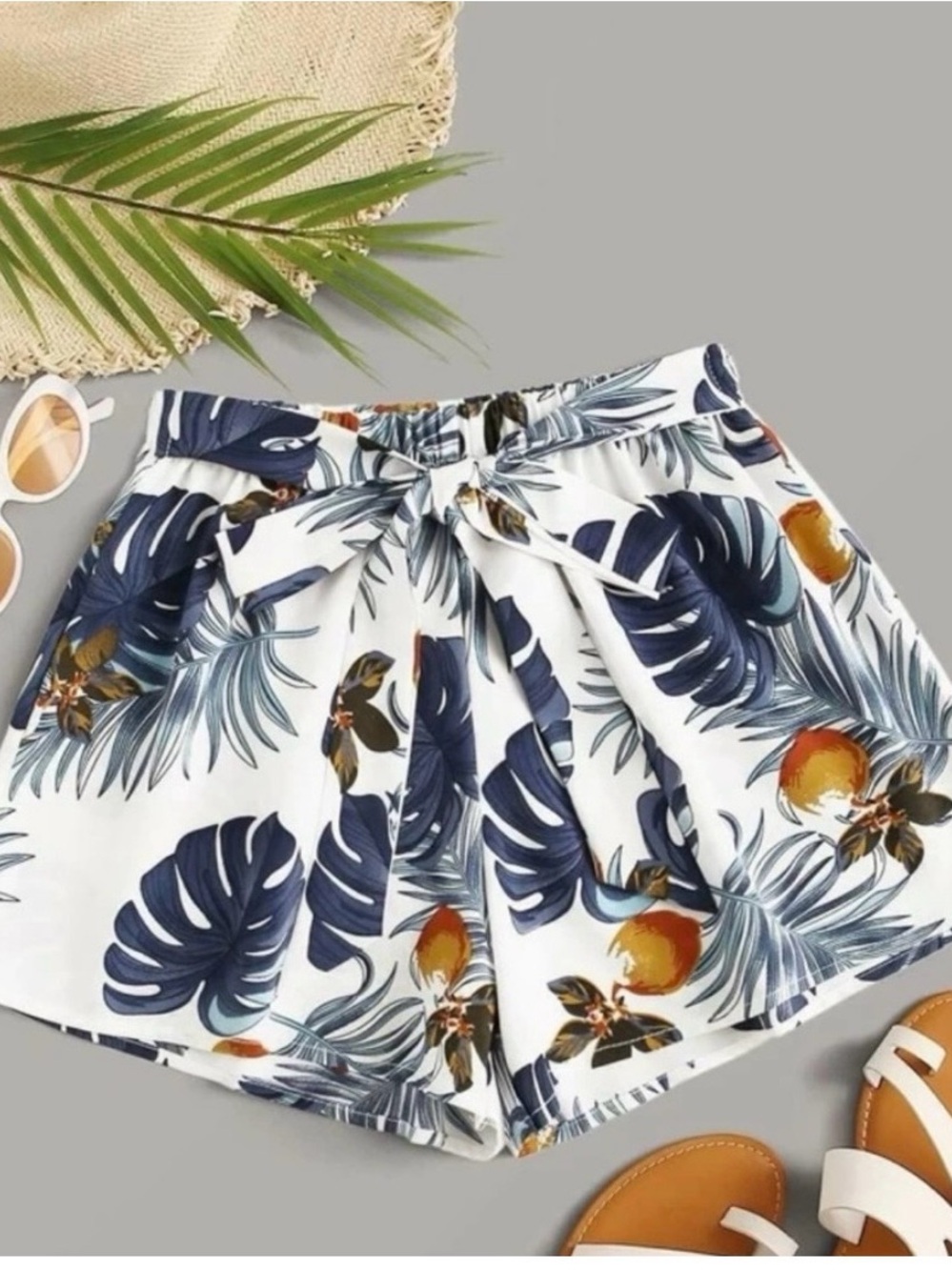 SHEIN White Tropical Leaf Tie-Waist High Waist Shorts with Navy & Orange Accents
